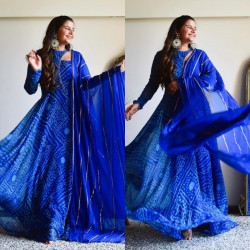 Blue bandhej print party wear gown